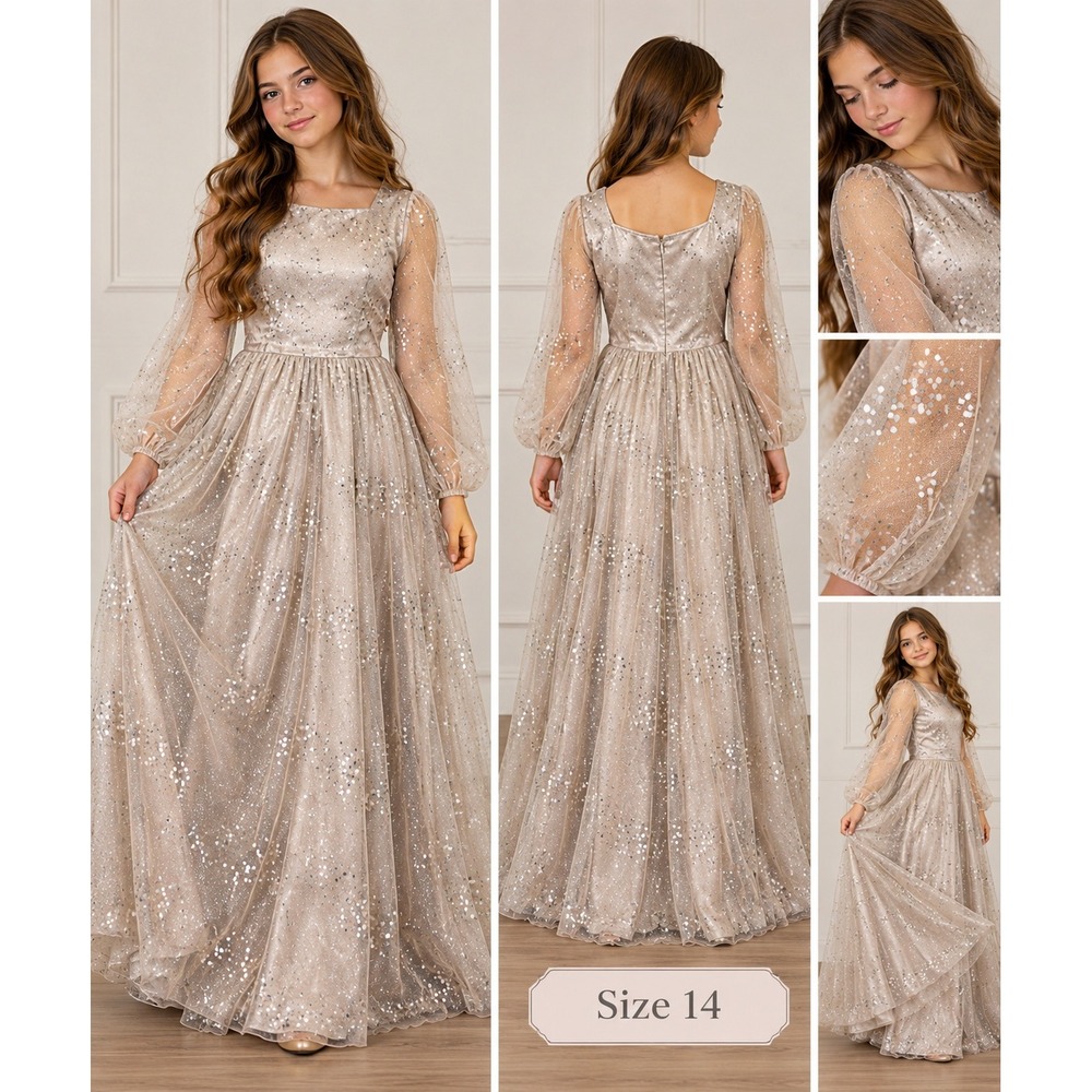 Joyfolie Mia Joy Layla Dress Seaglass Silver Sequin Tulle Maxi Gown Girls 14 $90